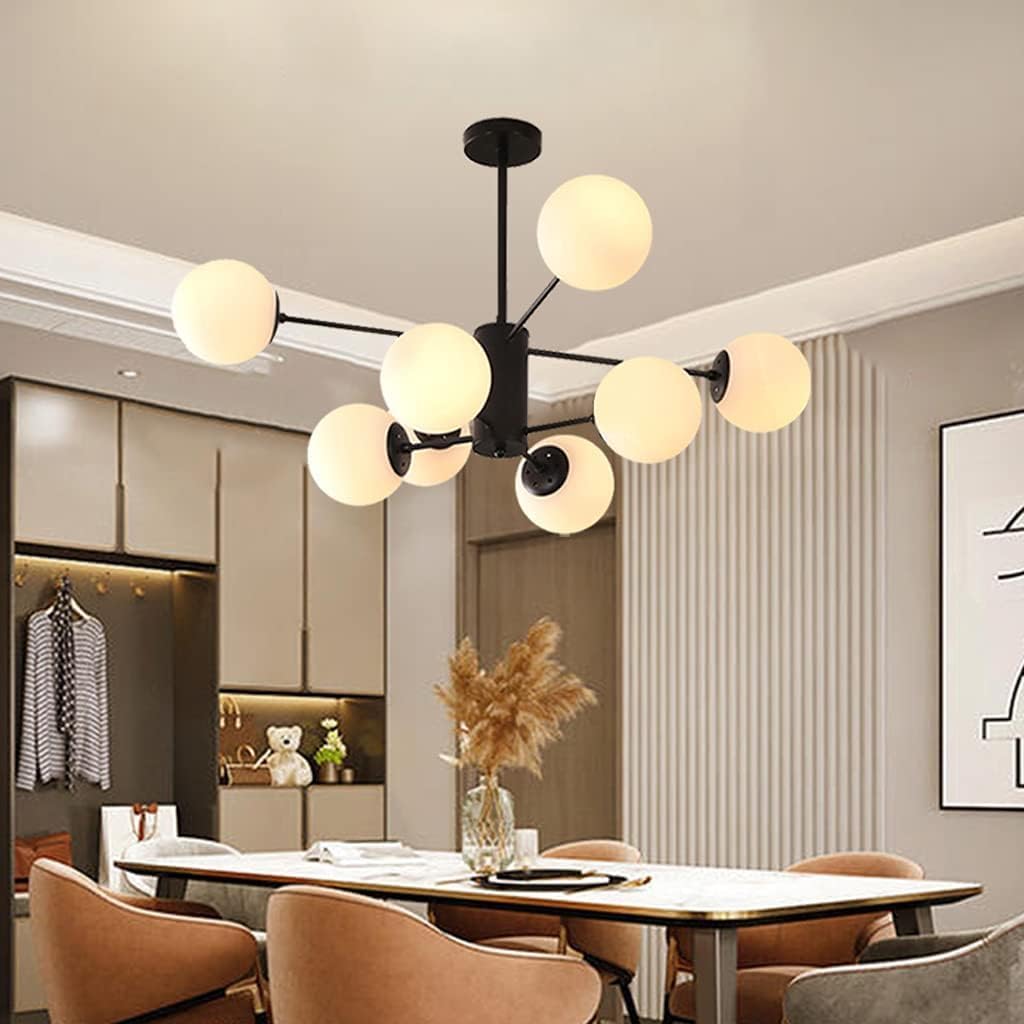 E27 Pendant Light Modern Pendant Lamp Creative Decoration Living Room Chandelier Wrought Iron Hanging Lamp Glass Ball Ceiling Lamp, Black, 8 Heads