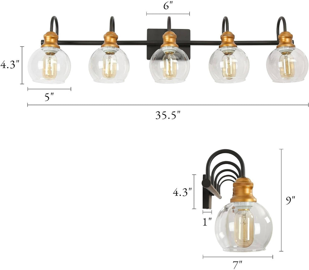 LALUZ Bathroom Light Fixtures, 5-Light Large Black and Gold Vanity Lights for Bathroom with Clear Globe Glass Shade, Modern Farmhouse Bathroom Vanity Lighting Over Mirror, 35.5' L x 7' W x 9' H