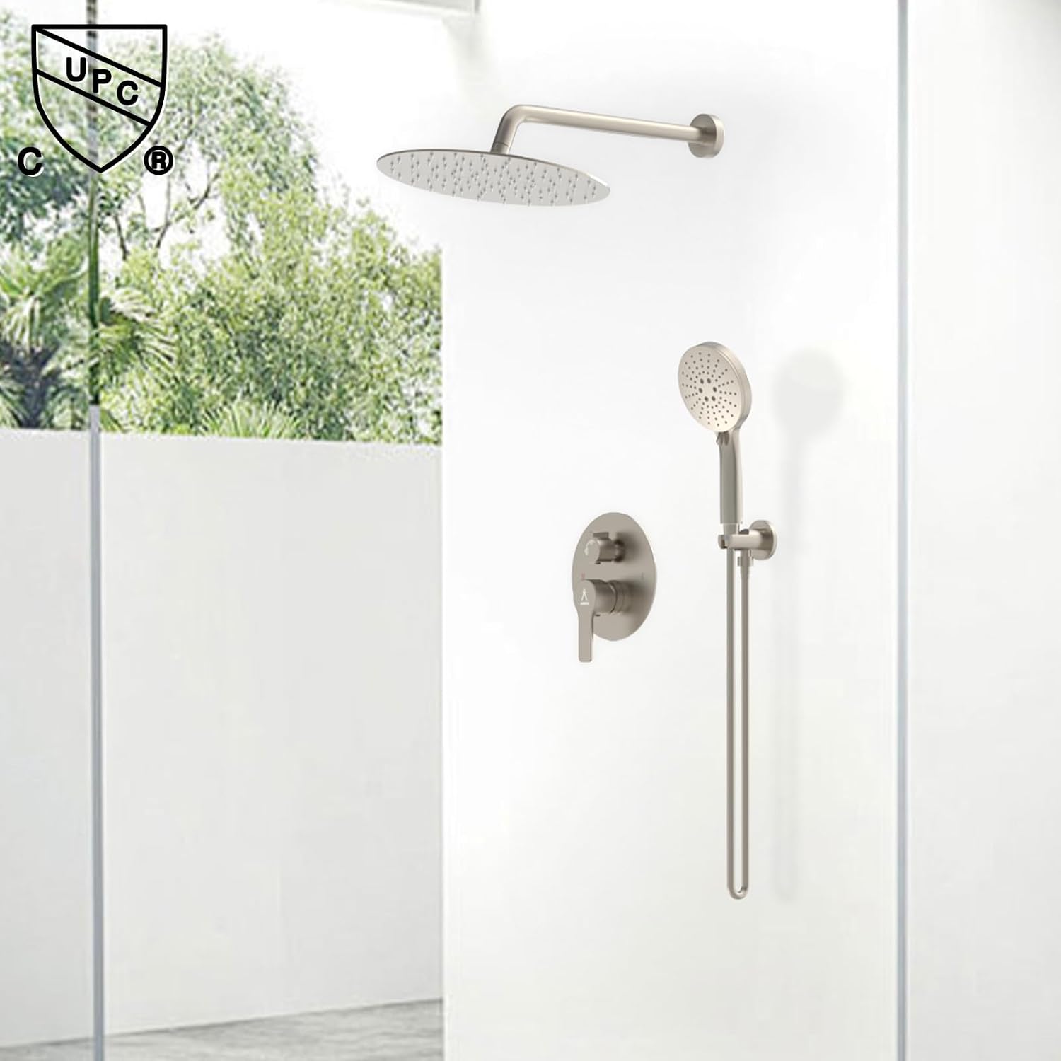 Shower Faucet Set 12IN Brass Rough-In Valve Body Trim Kit Rainfall Included Handle Accessories Complete 2 Functions with Rain Head and Handheld Bathroom Systems (12'', Brushed Nickel)