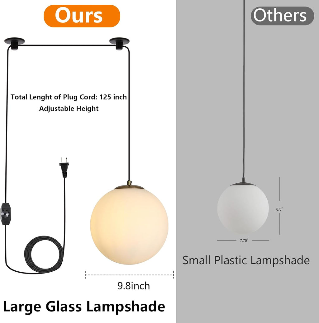 2 Pack Gold Plug in Globe Pendant Lights, Mid Century Light Fixture with Milk Glass, Modern Chandelier, Large Hanging Ceiling Light for Kitchen, Bedroom, Living Room, Dinning Room, Hallway