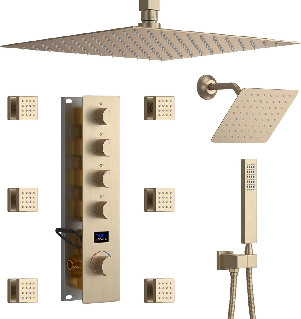 Brushed Gold Shower System Temperature Display Shower Faucet Set with 12 inch and 8 inch Full Body Shower Head, with 6 PCS Body Jet and Handheld Spray