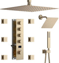 Brushed Gold Shower System Temperature Display Shower Faucet Set with 12 inch and 8 inch Full Body Shower Head, with 6 PCS Body Jet and Handheld Spray