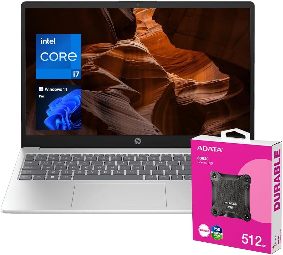 HP 2025 15.6' Touchscreen Business Laptop, FHD LED Display, Intel Core i7-1255U, 16GB RAM, 1TB SSD, HDMI, Webcam, Wi-Fi 6, Windows 11 Pro, Silver, Bundle with ADATA 512GB External SSD