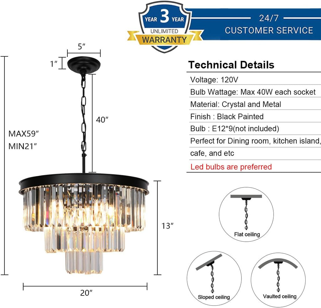 Weesalife Crystal Chandeliers for Dining Room Lights Fixtures, 9 Lights Black Modern Chandeliers for Bedroom, 3-Tier Round Crystal Lighting Fixtures for Living Room Entryway Kitchen Island D20 Inch