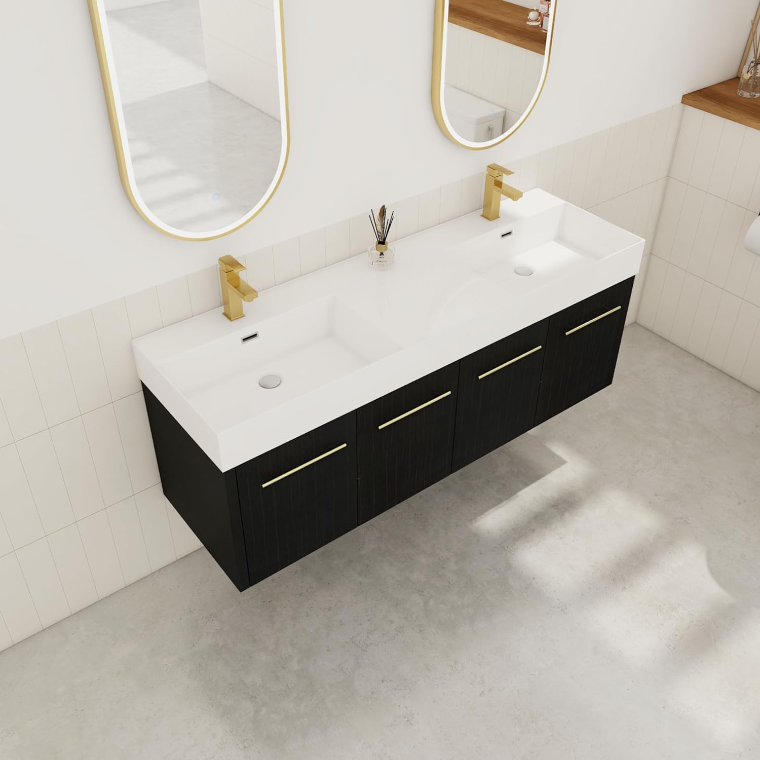 60' Black Wall Mounted Double Sink Vanity, High End Floating 4 Door Cabinet with Thicken Edge Resin Sink, 60 Inch Large Wood Vanity with Gold Handle