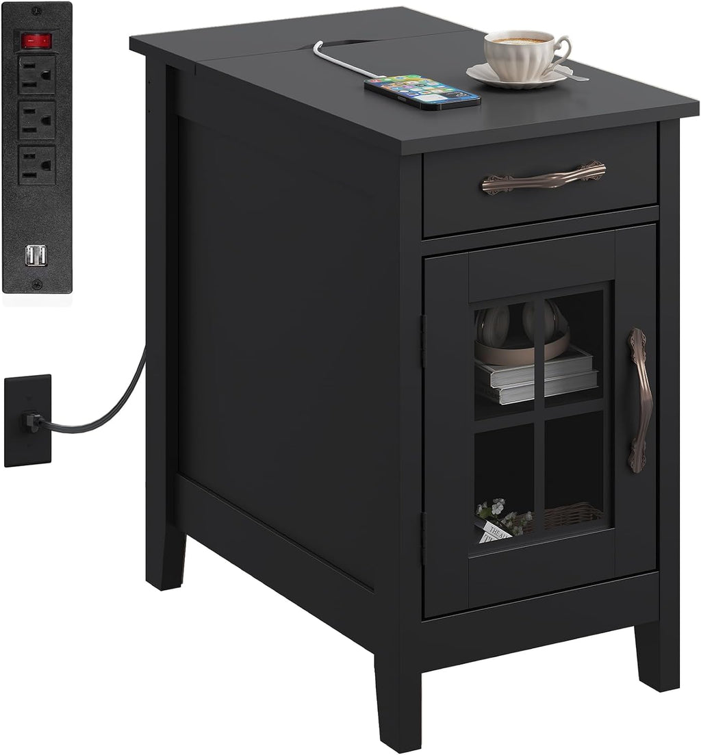 WLIVE End Table with Charging Station, Narrow Side Table for Living Room, Farmhouse Night Stand with Storage, Small Wooden Cabinet Nightstand with USB Ports and Outlets, 23.7' D x 13.78' W x 23.7' H