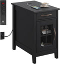 WLIVE End Table with Charging Station, Narrow Side Table for Living Room, Farmhouse Night Stand with Storage, Small Wooden Cabinet Nightstand with USB Ports and Outlets, 23.7' D x 13.78' W x 23.7' H