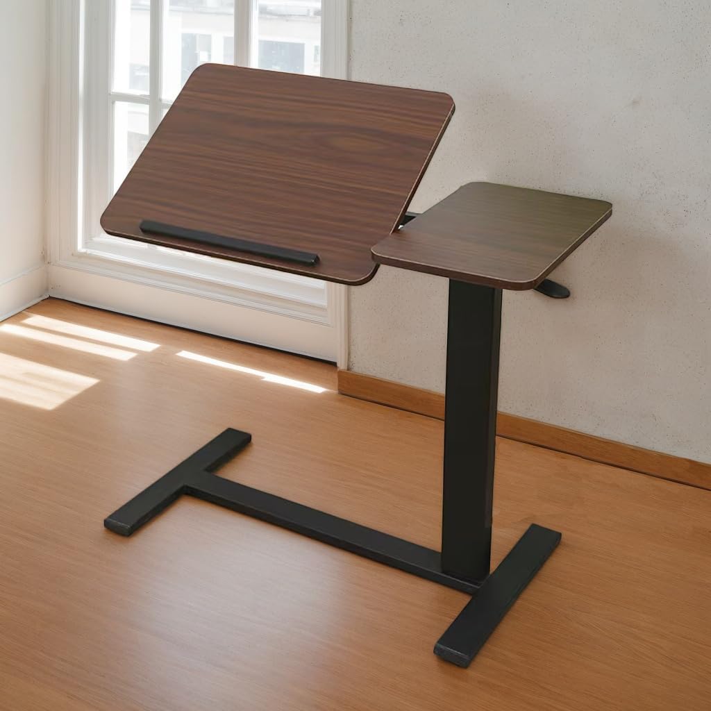 Portable Overbed Rolling Desk, Height Adjustable Mobile Standing Table, Foldable 31 Inch Small Laptop Bedside Desk with Tiltable Desktop, Hidden Wheels, Tray Table for Bed Sofa Side, Walnut+Black