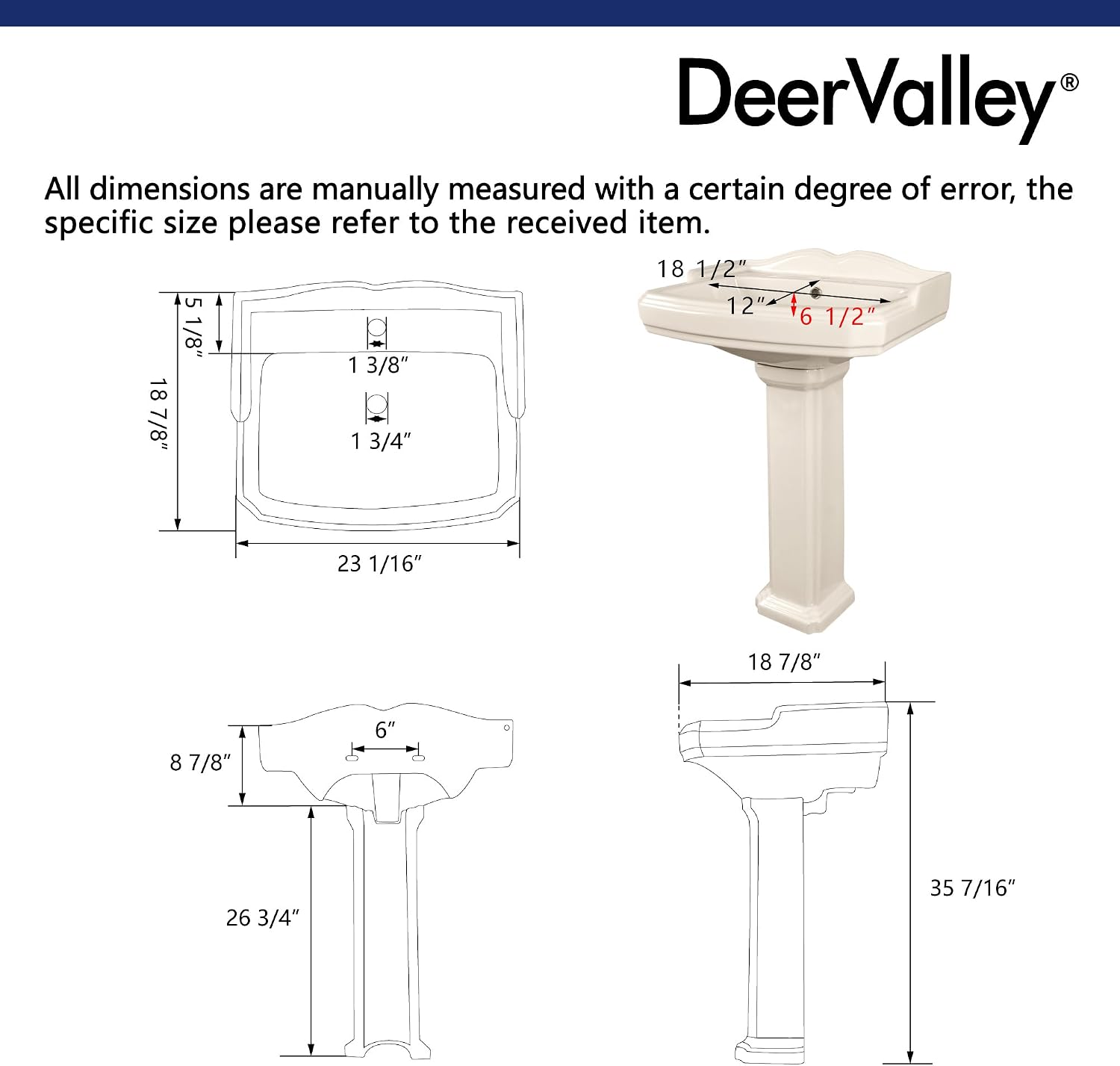 DeerValley 23x19 Inch Bone Colored Pedestal Sink Combo with Overflow and Single Faucet Hole, Ceramic Bathroom Vanity Sink, Model DV-1P522BN01