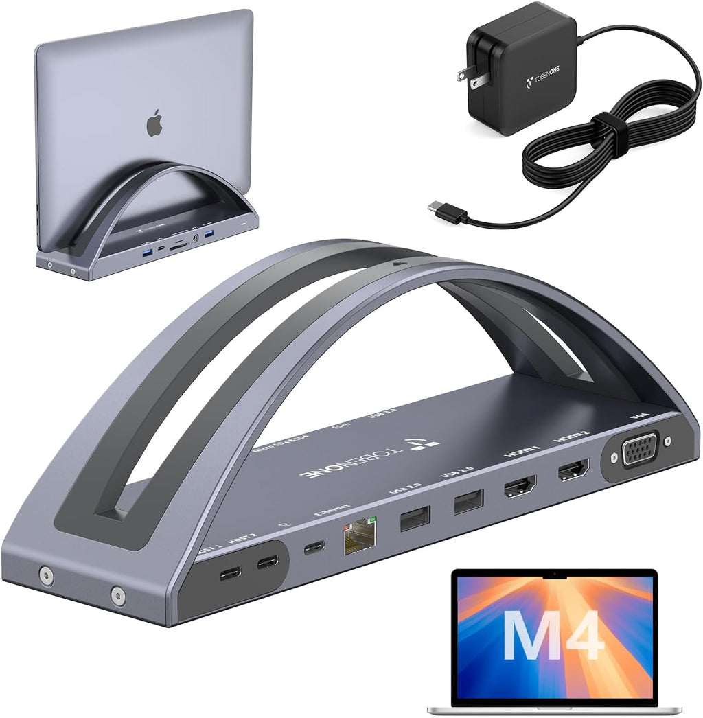 TobenONE MacBook Docking Station Dual 4K Monitor for M1-M5 Pro/Max, 13-in-2 USB C Docking Station with 100W Power Adapter, Laptop Dock Stand with 2 HDMI, VGA, 5 USB, PD 3.0, RJ45, SD/Micro SD, Audio
