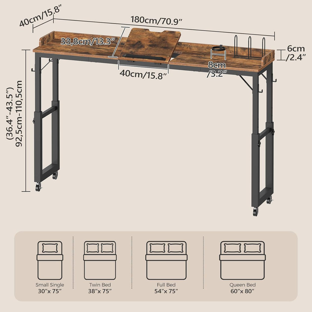 Overbed Table with Wheels, Queen Size Mobile Bed Desk with Adjustable Height, Computer Desk with Tilt Stand, Rolling Laptop Table, Recliner Desk for Home, Office, Hospital, Rustic Brown MTHR18101