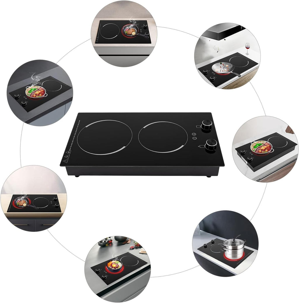 Electric Cooktop, Double-burner Ceramic Electric Hob, 2100W Induction Cooktop Portable Electric Stove, Temperature Controls, Stainless Steel Hot Plate for Kitchens, Cabins, Offices, Studios