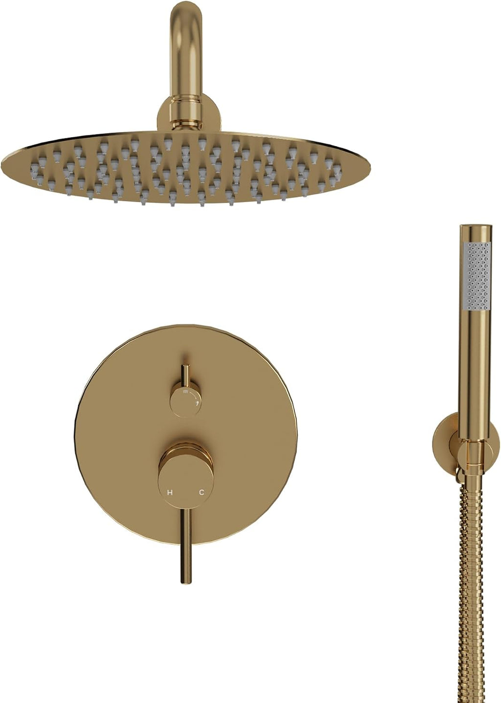 MONDAWE Round Shower Faucet Set, Wall Mounted Shower System 10 Inch Rainfall Shower Head with Handheld Combo, Brushed Gold High Pressure Rainfall Shower Set -Valve Included