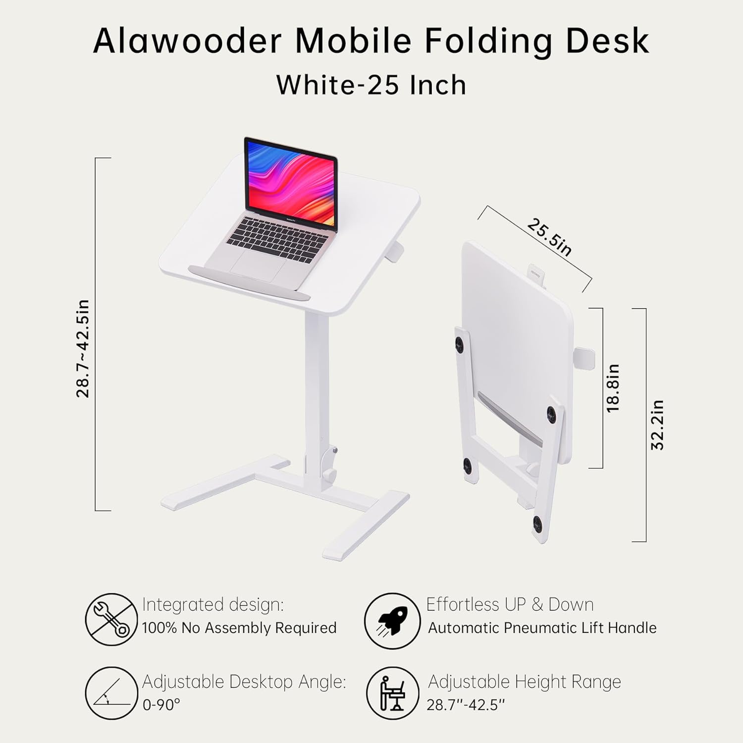 alawooder 25 Inch Mobile Folding Desk - No Assembly, Pneumatic Sit-Stand, 29-42' Height Adjustable Rolling Laptop Desk with Hidden Wheels, 0-90° Tilt Top for Home Office, Craft & Study