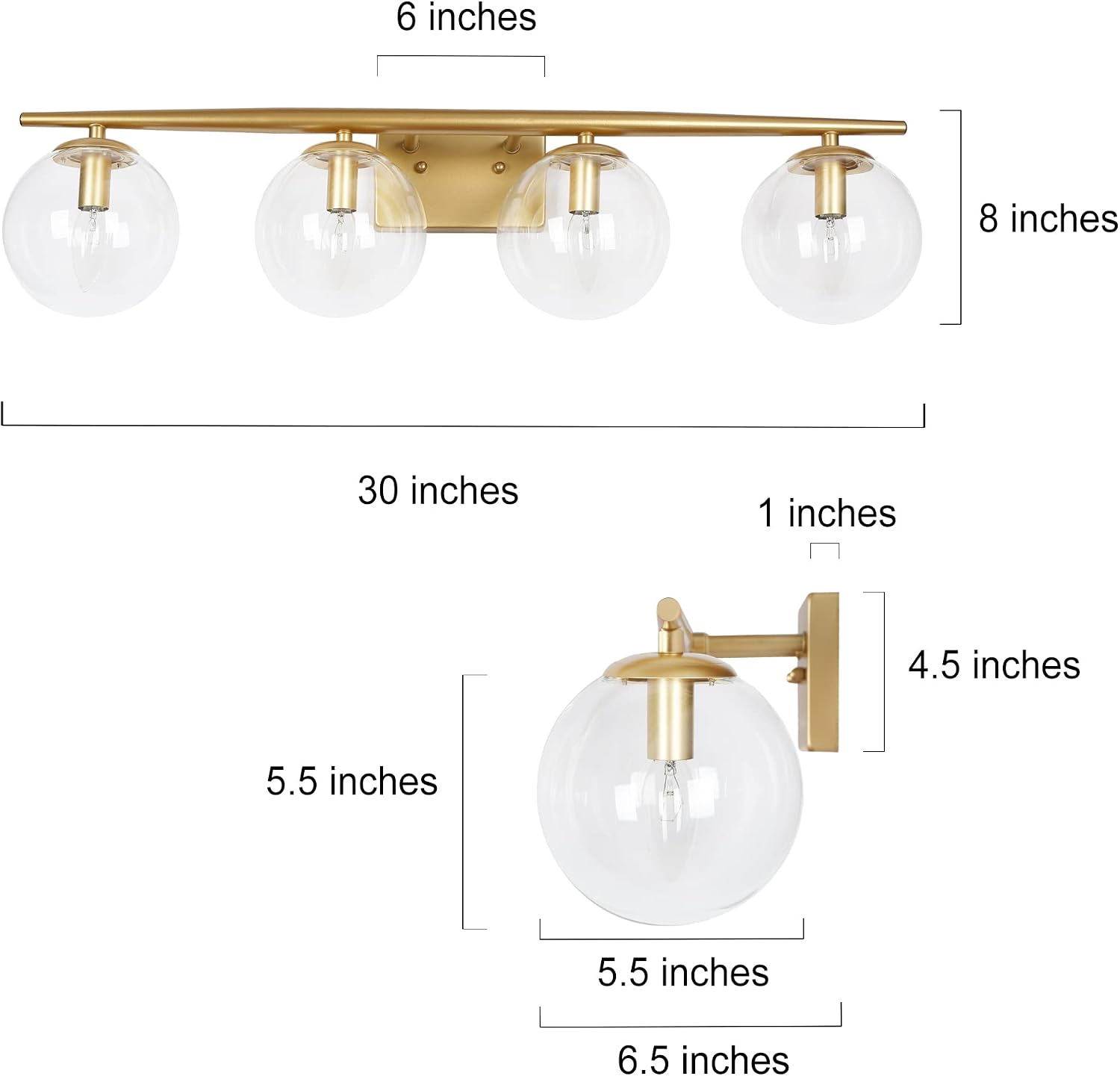 KSANA Gold Bathroom Light Fixtures, Modern Bathroom Vanity Light fixtures Over Mirror, 4 Light Bathroom Lights with Clear Globe Glass Shades and Taper Arm
