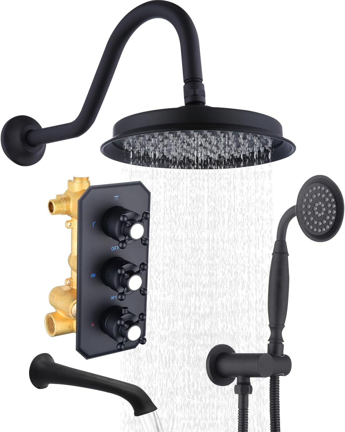 All Metal Thermostatic Shower System with Tub Spout Matte Black Backnets 9 Inch Wall Mounted Shower Tub Faucet Set for Bathroom with Handheld Sprayer, Rough-in Valve Body and Trim kit