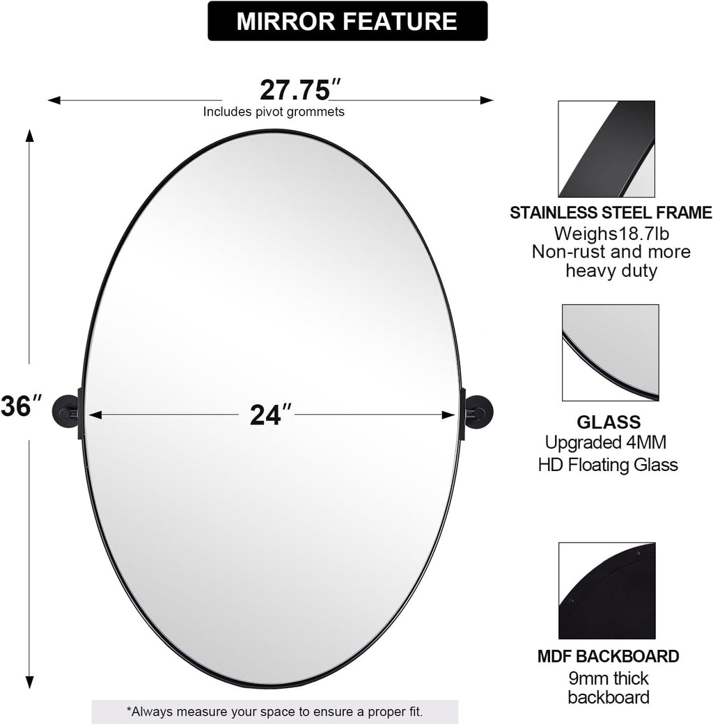 MOON MIRROR Black Pivot Mirror, Wall Mirror for Bathroom 24x36'', Oval Black Vanity Mirror, Oval Pivot Bathroom Mirror, Tilting Bathroom Pivoting Mirror for Wall Mounted (Overall 27.75' x 36')