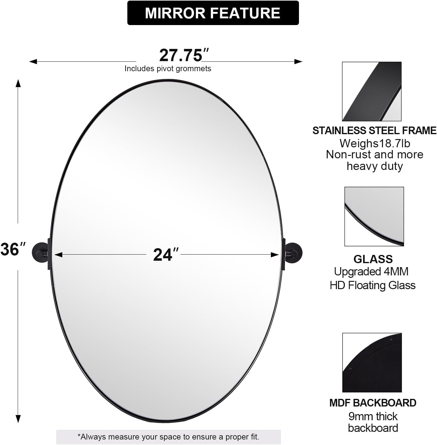 MOON MIRROR Black Pivot Mirror, Wall Mirror for Bathroom 24x36'', Oval Black Vanity Mirror, Oval Pivot Bathroom Mirror, Tilting Bathroom Pivoting Mirror for Wall Mounted (Overall 27.75' x 36')