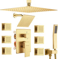 Shower System Brushed Gold Dual Shower Head with Body Jets, Oupukle Four Modes Shower Faucet Set Ceiling Mount 12' Rain Shower Head & 6' Wall Mounted Head with 6PCS Body Jets
