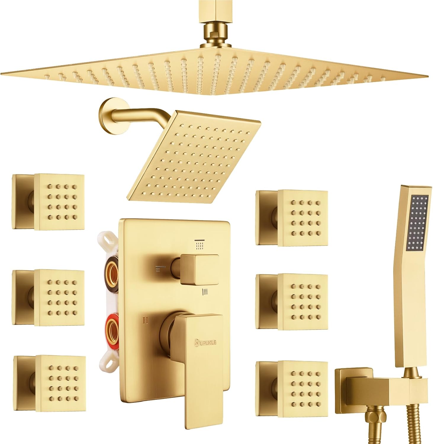 Shower System Brushed Gold Dual Shower Head with Body Jets, Oupukle Four Modes Shower Faucet Set Ceiling Mount 12' Rain Shower Head & 6' Wall Mounted Head with 6PCS Body Jets