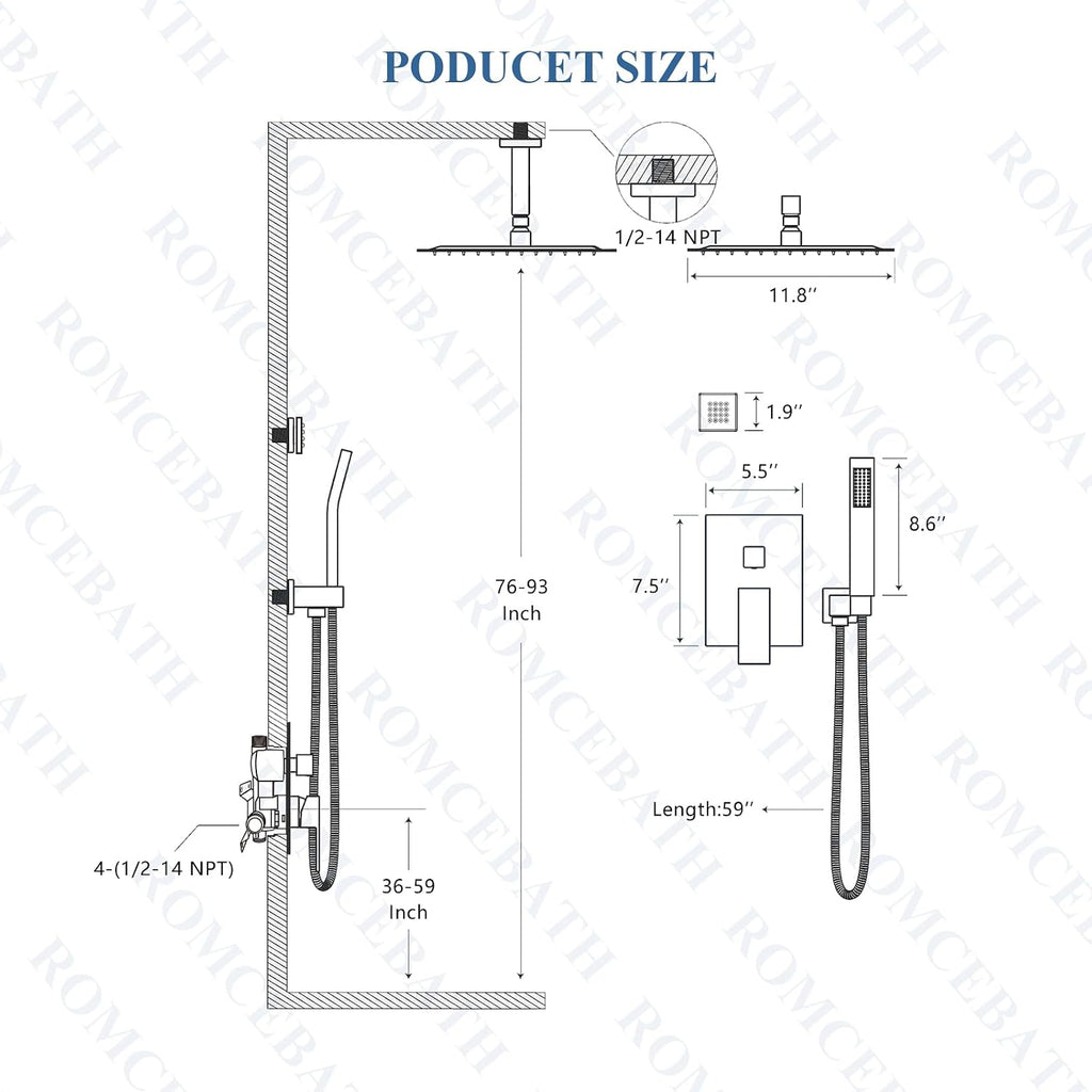 Rain Shower System With Complete 4 Pcs Body Sprays Jets And Pressured Balance Rough-in Valve,12Inch Rainfall Shower Head And Handheld, Modern Brushed Gold Ceiling Mount Shower Faucet Sets