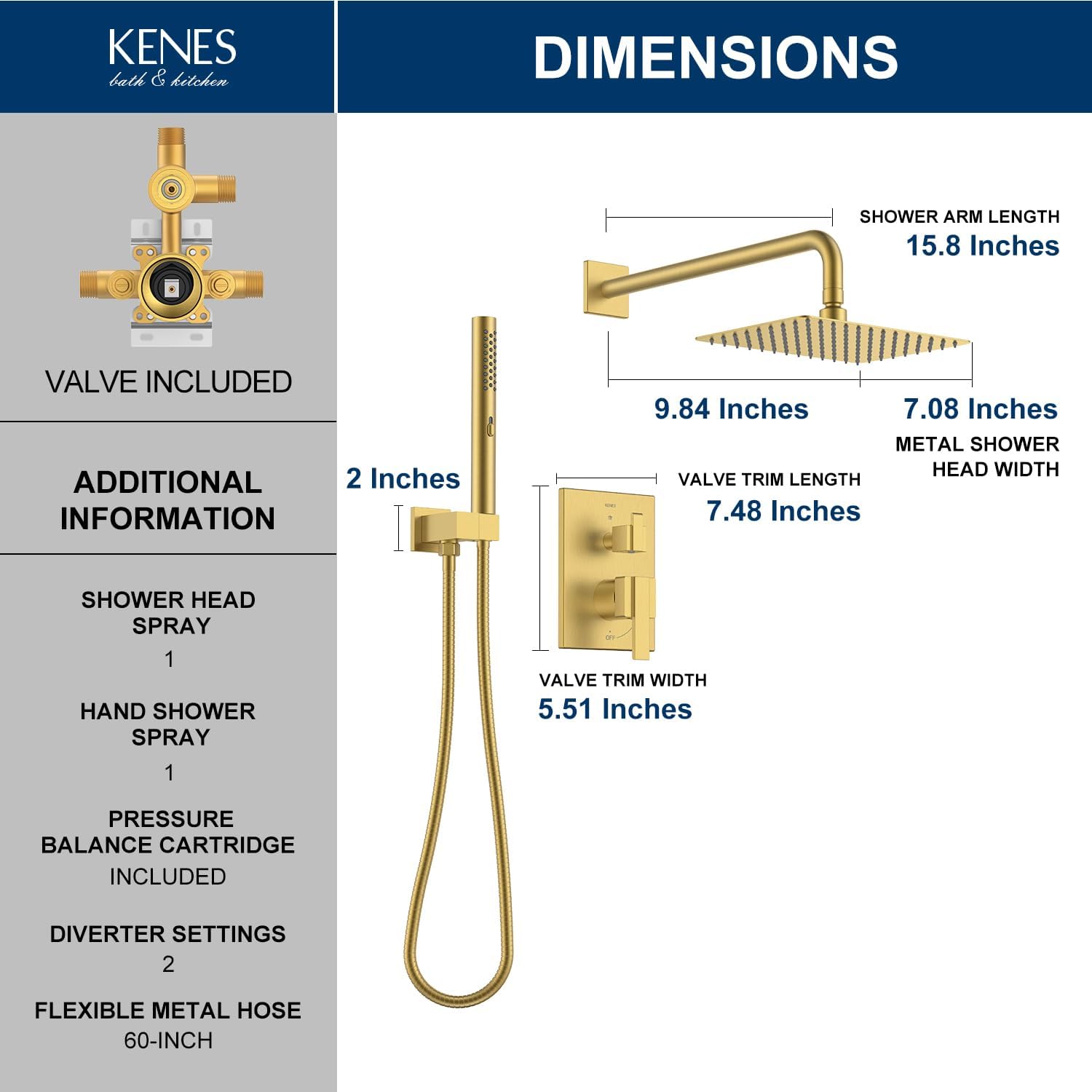 KENES Brushed Gold Rainfall Bathroom Shower System Rain Shower Head and Handle Set, Shower Faucet Set with 10-Inch Rain Showerhead and Handheld Spray, (Shower Valve Included), LJ-6026A-4