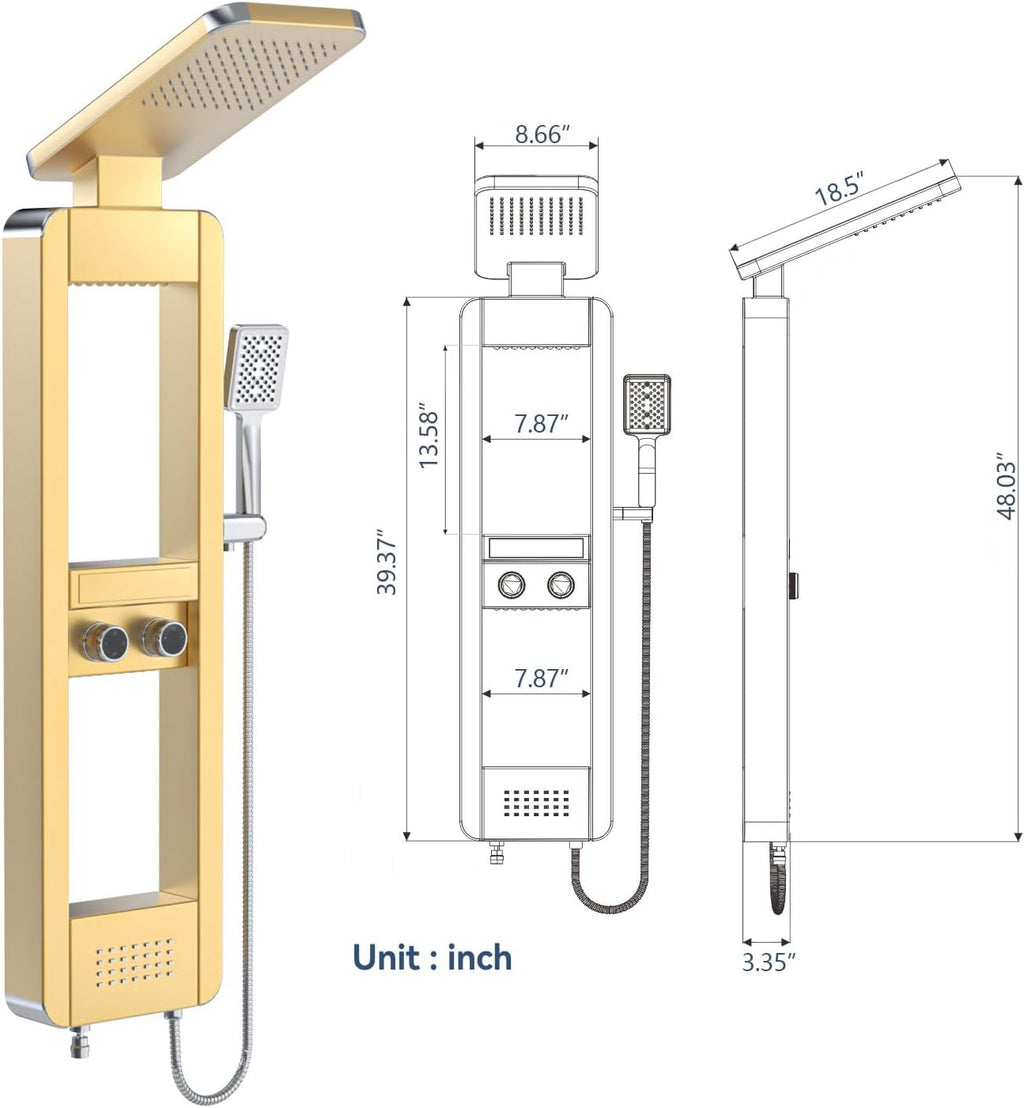 ELLO&ALLO Shower Panel Tower System with Shelf, Rainfall Shower Head and Rain Massage System with Body Jets, Stainless Steel Bathroom Fixtures, Brushed Gold&Chrome