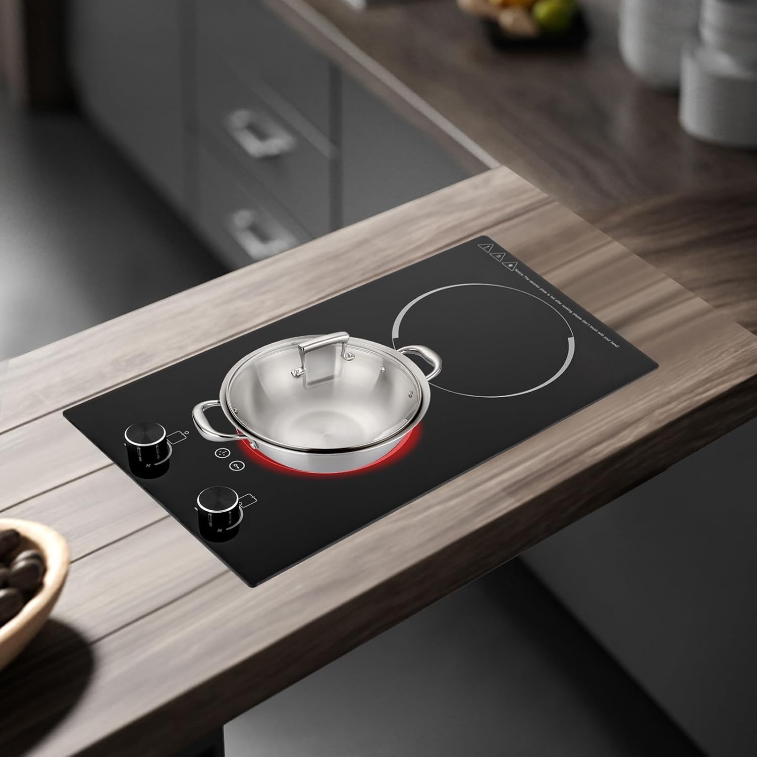 Double Induction Cooktop Burner, 900 & 1200W Burner Induction Cooker Cooktop with 9 Power Levels Timer & Overheat Protection Portable Electric Countertop Burner for Kitchen Cabin Office Studio Etc