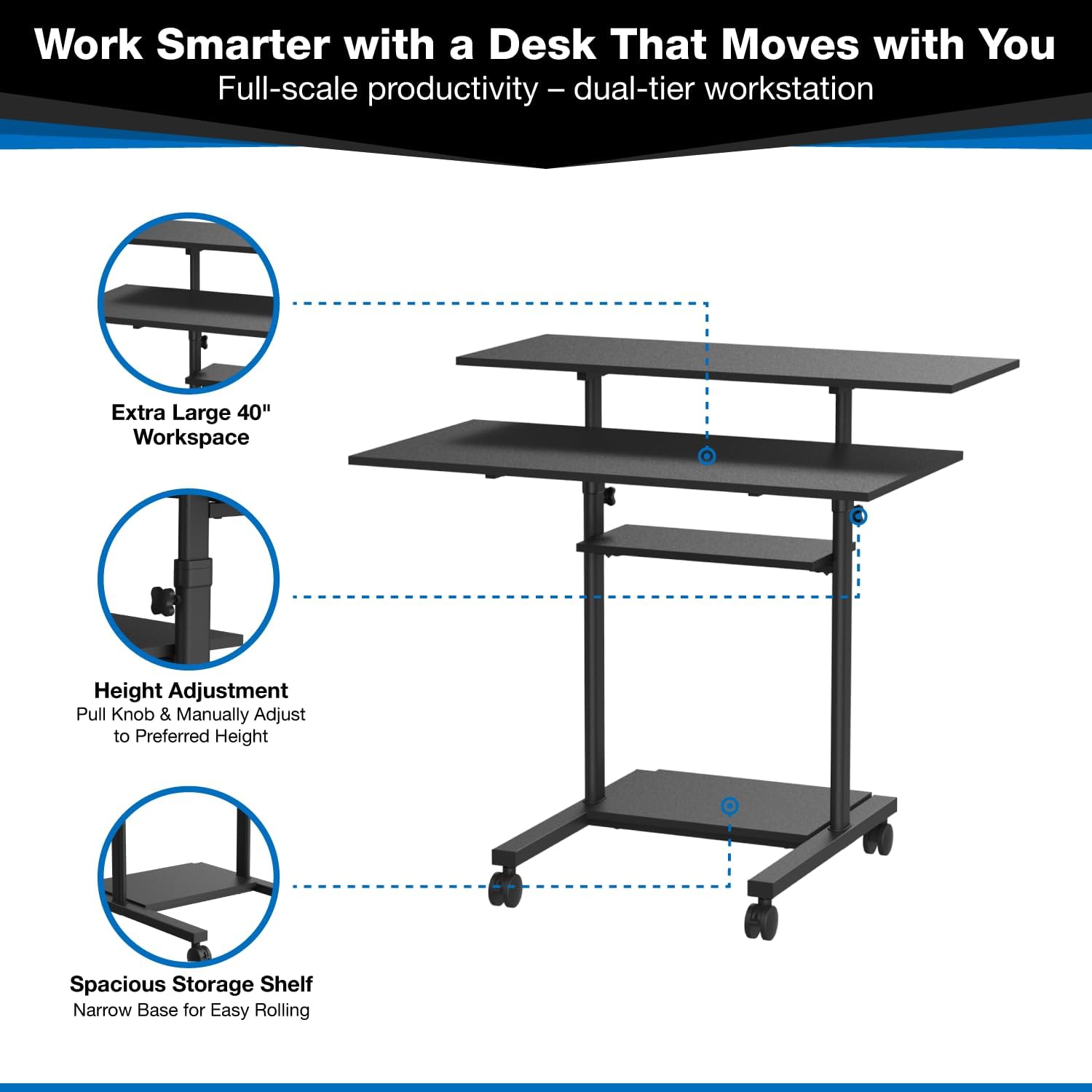 Mount-It! Mobile Desk Workstation 40 Inch Wide Large Rolling Computer Desk is Height Adjustable to 64 Inches, Sit Stand Computer Cart with Multi Level Shelves on Wheels in Black