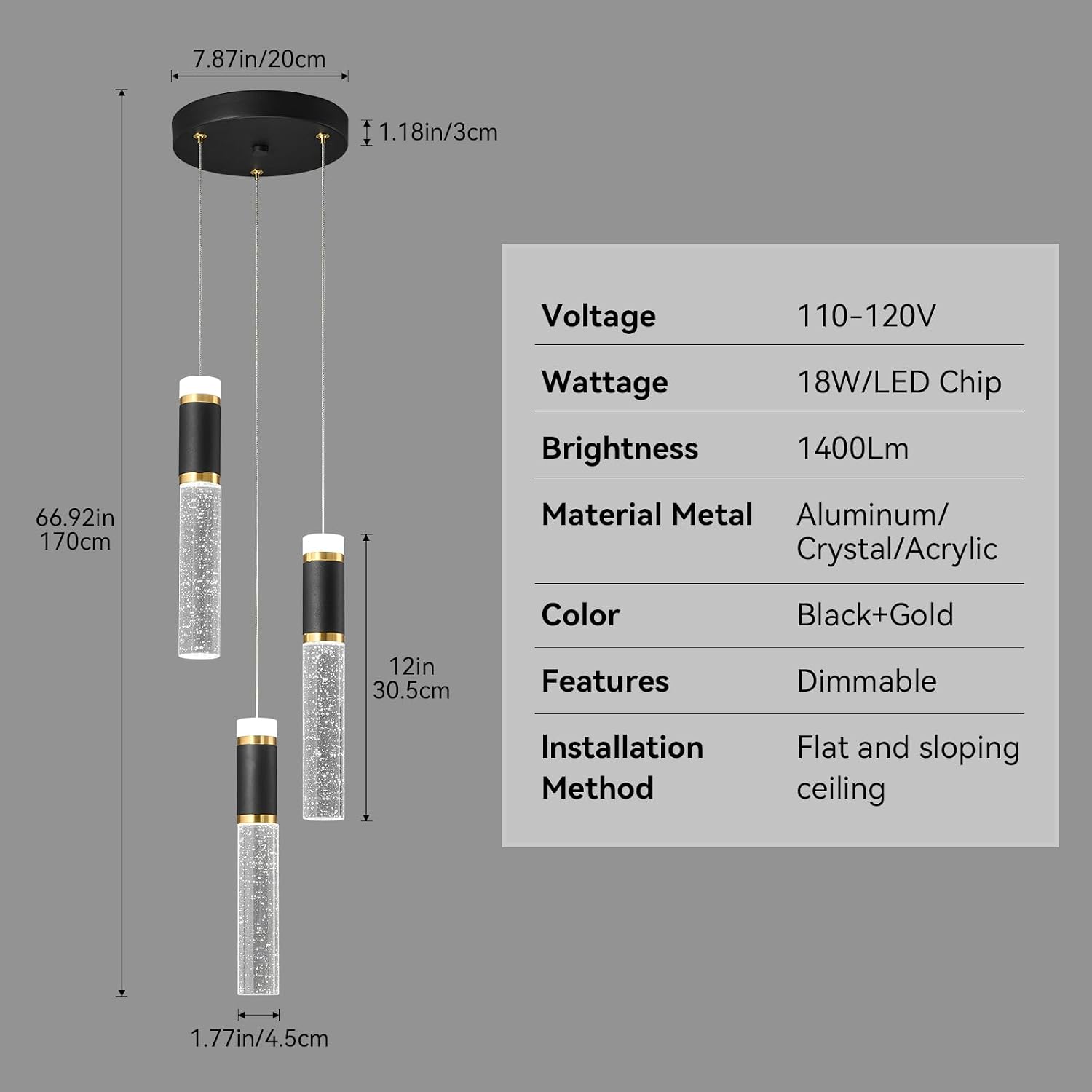 3-Light Pendant Lights Kitchen Island, Dimmable LED Pendant Light Fixtures, Black Gold Pendant Light Modern with Bubble Crystal Pendant Light, Pendant Lighting for Kitchen Island Dining Room