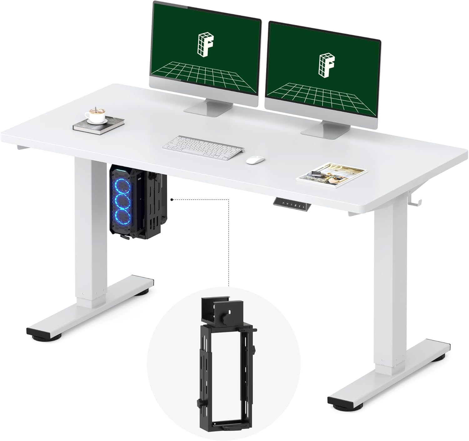 FLEXISPOT EN2 55''x28'' Electric Standing Desk with PC Stand Bundle, 1' Whole-Piece Desktop, Easy-to-Install Hanging Design PC Mount, Bundle for Home Office, Game & Small Spaces, White