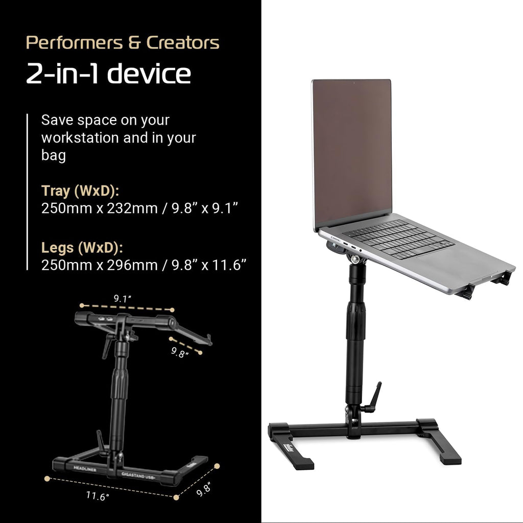 Headliner Gigastand USB+, Adjustable DJ Laptop Stand with Integrated USB-C Hub - Steel & Aluminum Construction, Foldable Design, Telescoping Neck - Perfect for DJs, Musicians, and Creators