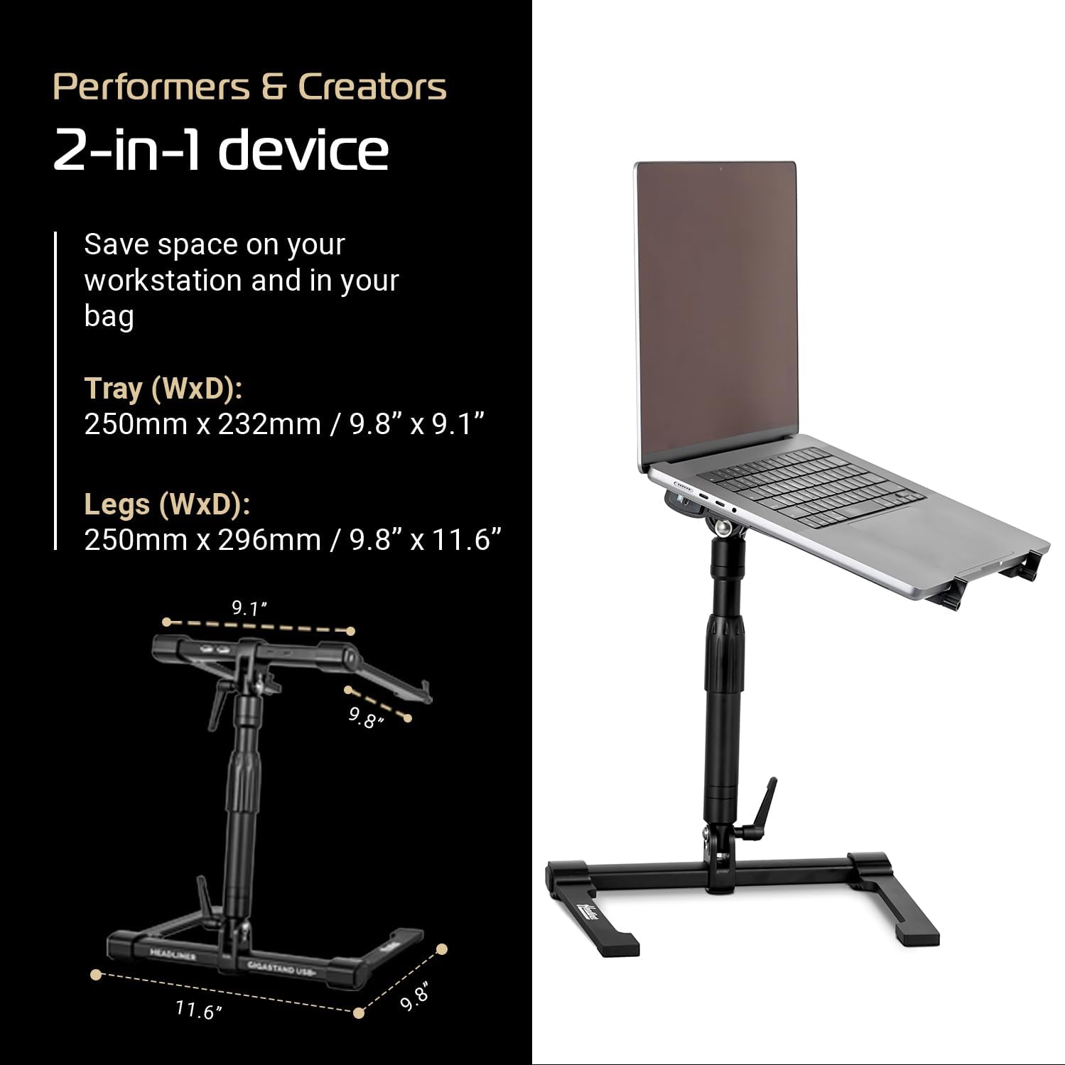 Headliner Gigastand USB+, Adjustable DJ Laptop Stand with Integrated USB-C Hub - Steel & Aluminum Construction, Foldable Design, Telescoping Neck - Perfect for DJs, Musicians, and Creators