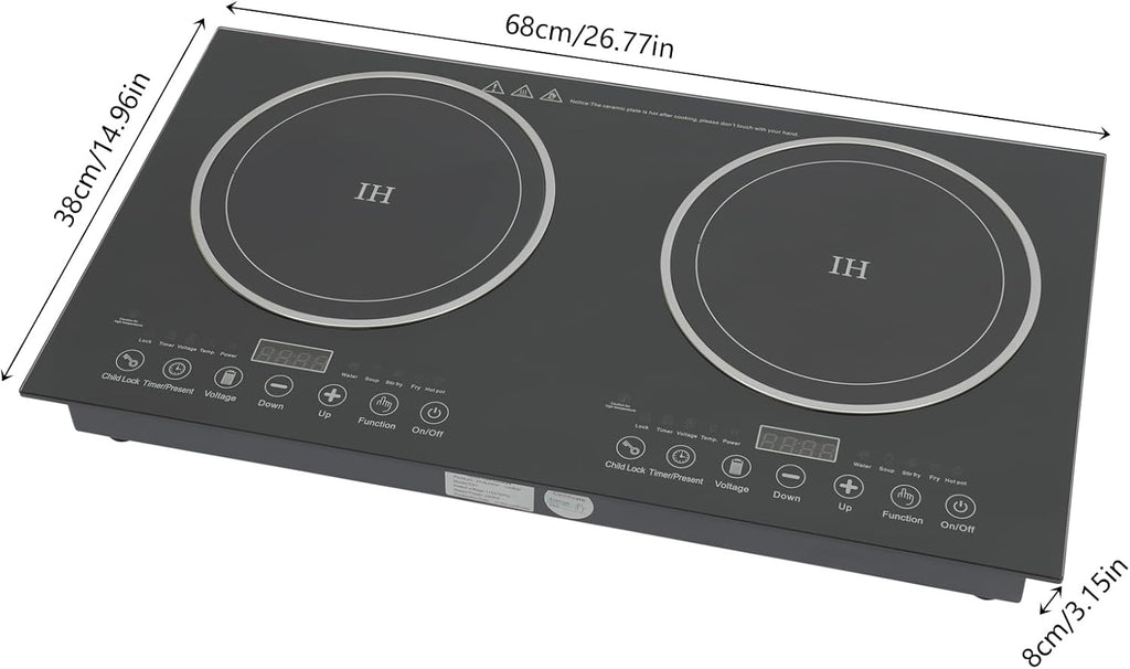 Induction Cooktop 2 Stoves, 110V 1200W+1200W, 8 Gears Firepower Regulation, Tabletop Stove Top with LED Display and Adjustable Temperature, Electric Hot Plate Crystal Cooktop for Kitchens