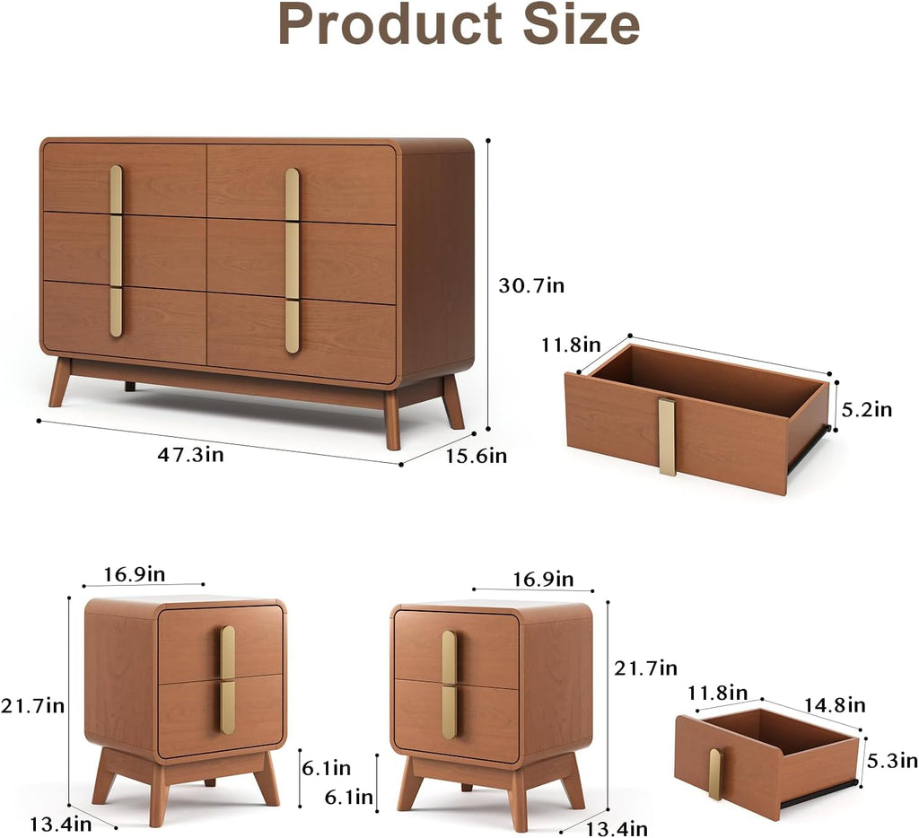JOINICE Night Stand Set 2, Mid Century Modern Bedside Table with Drawers, Curved Profile Design End Table with Metal Handle, Nightstand Set of 2 with Storage, Bed Side Tables for Bedroom, Cherry