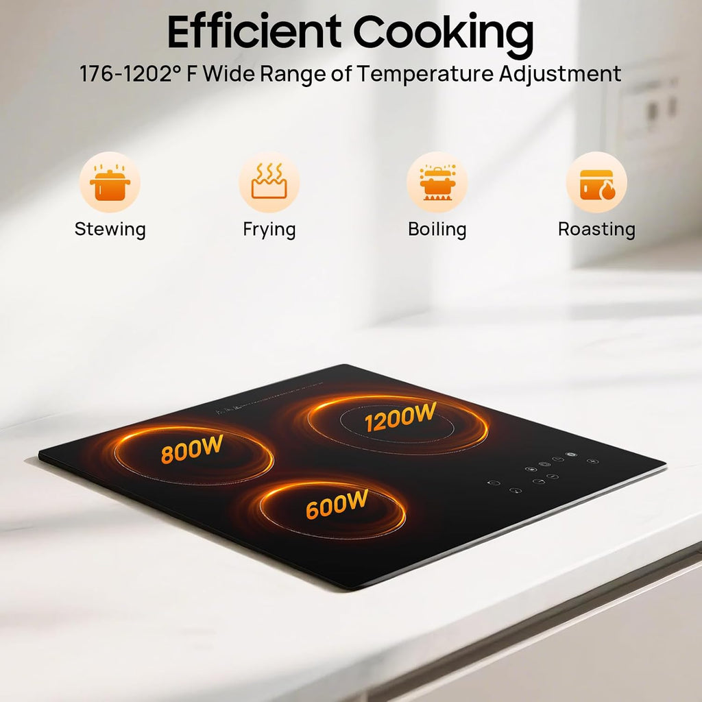 Ceramic Cooktop,23 * 20 Inch Built-in 2+1 3 Burners Electric Stove Cooker Hob With Touch Control Child Lock Timer Electric Stove with Hard Wire 2600W 110V (Touch Control, 3 Burners)