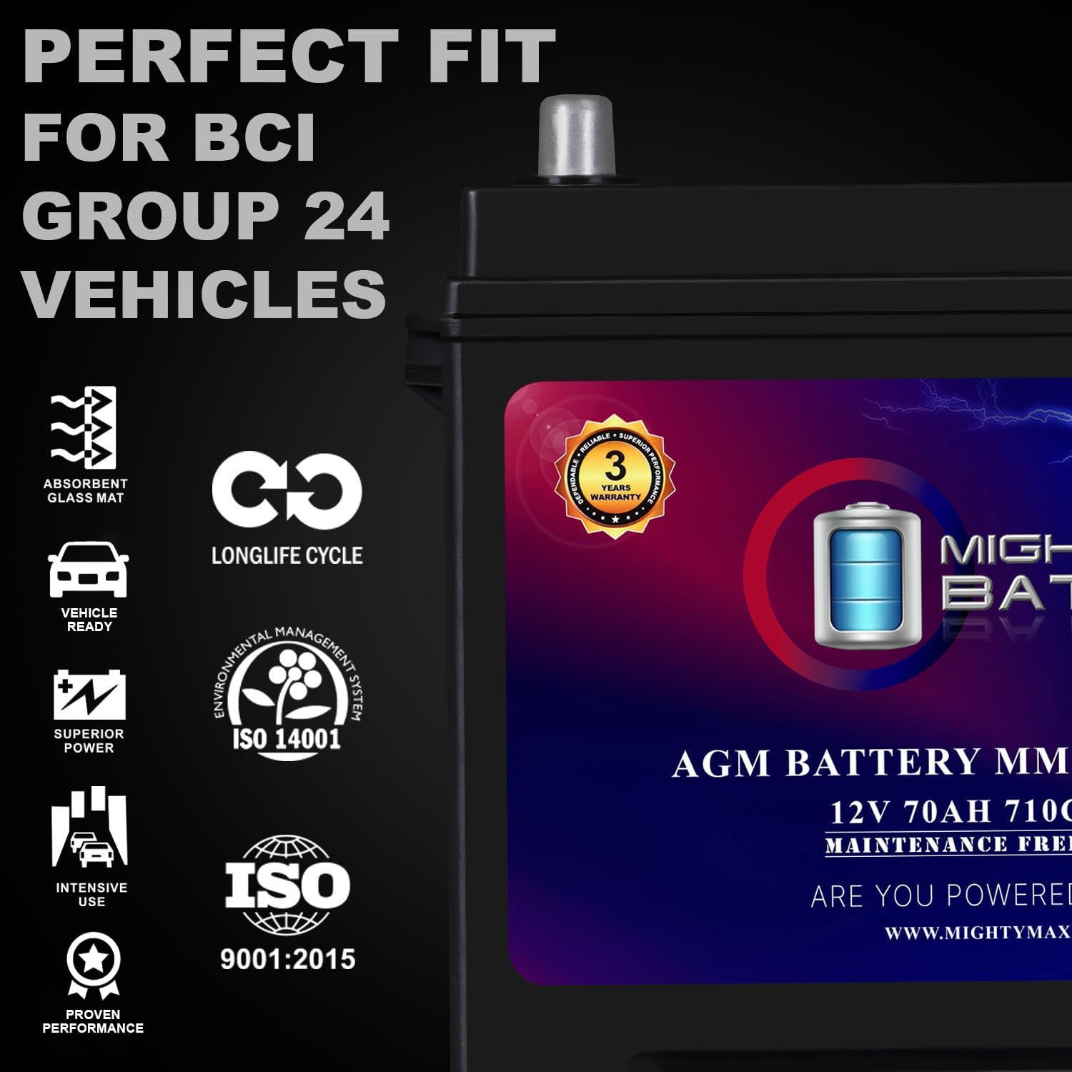 Mighty Max Battery MM-G24 Start and Stop Car BCI Group Size 24 12V 70Ah, 120RC, 710 CCA Rechargeable AGM Car battery