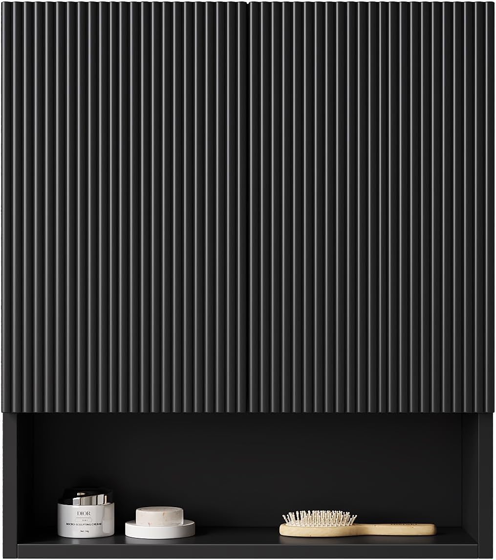 26' Wall-Mounted Striped Bathroom Cabinet, with Doors, Shelf and Open Storage Compartment Over The Toilet Storage Cabinet for Bathroom, Kitchen, Laundry Room, Black