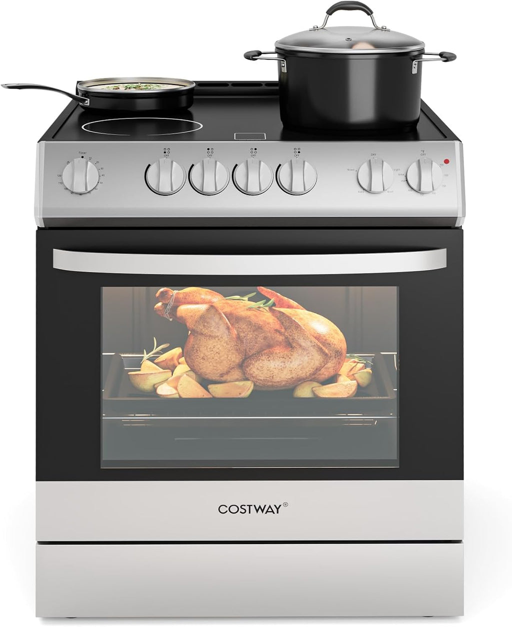COSTWAY Electric Range, 30 Inch Freestanding & Slide-in Kitchen Stove with 4 Burners Ceramic Cooktop, 5.1 Cu.Ft. Capacity, Stainless Steel Convection Oven with 3 Cooking Modes and 10-120 Mins Timer