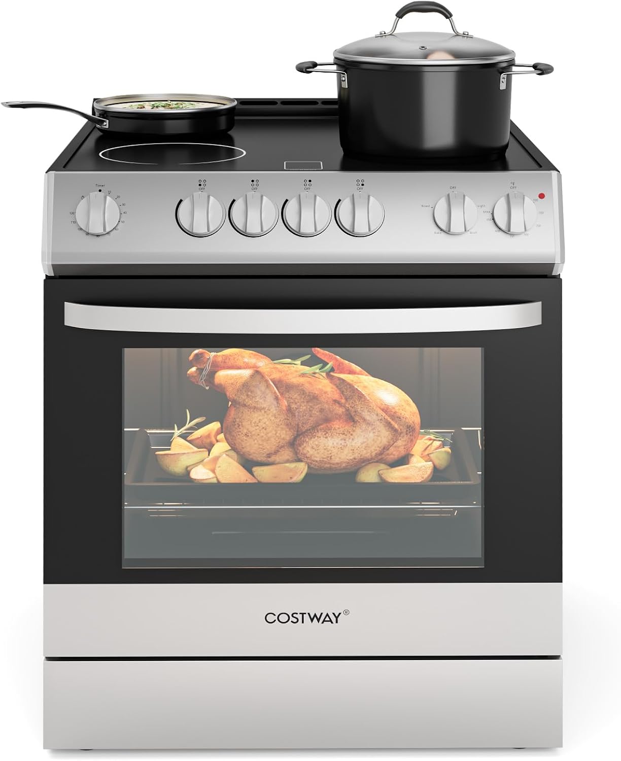COSTWAY Electric Range, 30 Inch Freestanding & Slide-in Kitchen Stove with 4 Burners Ceramic Cooktop, 5.1 Cu.Ft. Capacity, Stainless Steel Convection Oven with 3 Cooking Modes and 10-120 Mins Timer