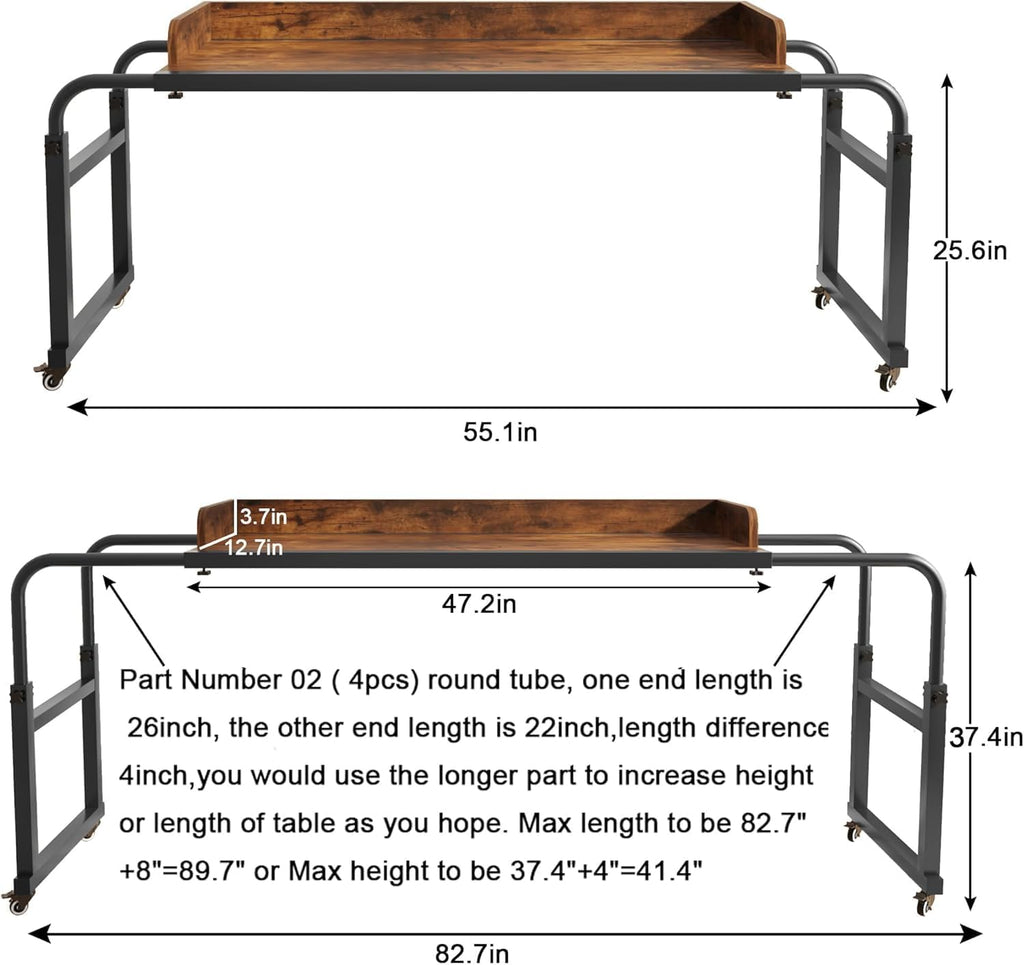 LINGMI Kids and Adult Desk, Overbed Table with Wheels, Bed Desk Recliner Table Adjustable Height Laptop Table, Queen King Size Over The Bed Table with Metal Leg(Rustic Brown)
