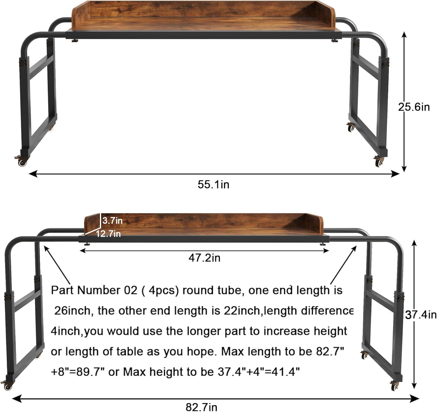 LINGMI Kids and Adult Desk, Overbed Table with Wheels, Bed Desk Recliner Table Adjustable Height Laptop Table, Queen King Size Over The Bed Table with Metal Leg(Rustic Brown)