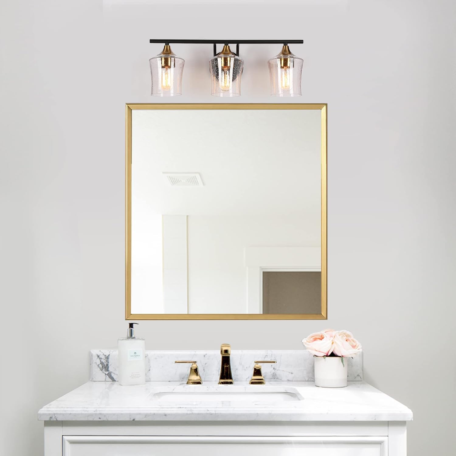 ZEVNI Vanity Light Fixture, 3-Light Bathroom Black and Gold Vanity Light Fixtures with Seeded Glass Shades, 20.5' X 7.5' X 7'