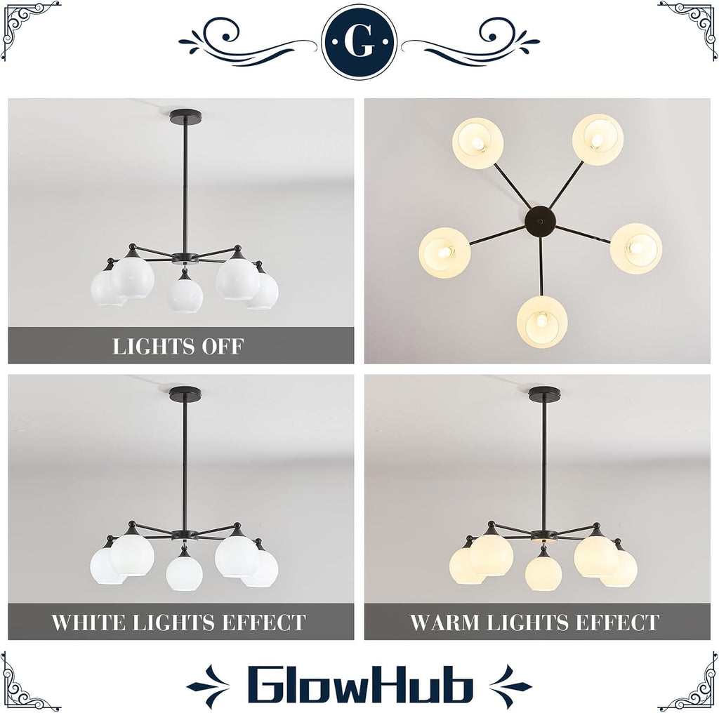 GlowHub Modern Black Chandelier with Milk White Glass Shades 30' Globe Pendant Light Fixture 5 Lights Mid Century Sputnik Chandelier for Dining Room Bedroom Entryway