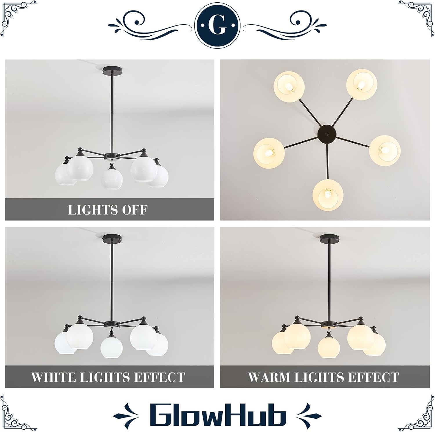GlowHub Modern Black Chandelier with Milk White Glass Shades 30' Globe Pendant Light Fixture 5 Lights Mid Century Sputnik Chandelier for Dining Room Bedroom Entryway