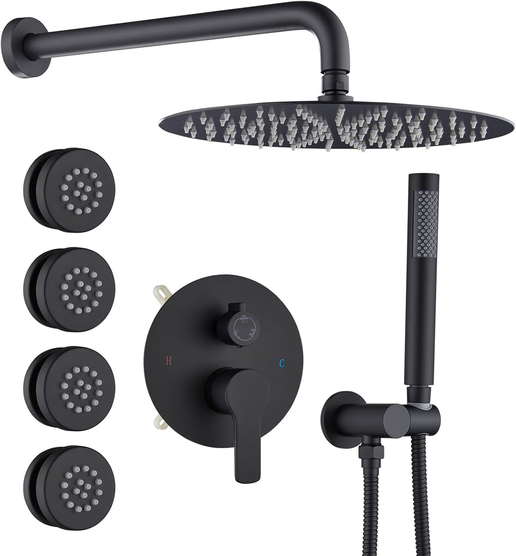 Iriber Mattle Black Round Rain Shower System with 4 PCS Body Jets 3 Function Shower Faucet Set Contain 12 Inch Shower Head and Handheld Wall Mounted Pressure Balance Shower Trim Kit (Valve Included)