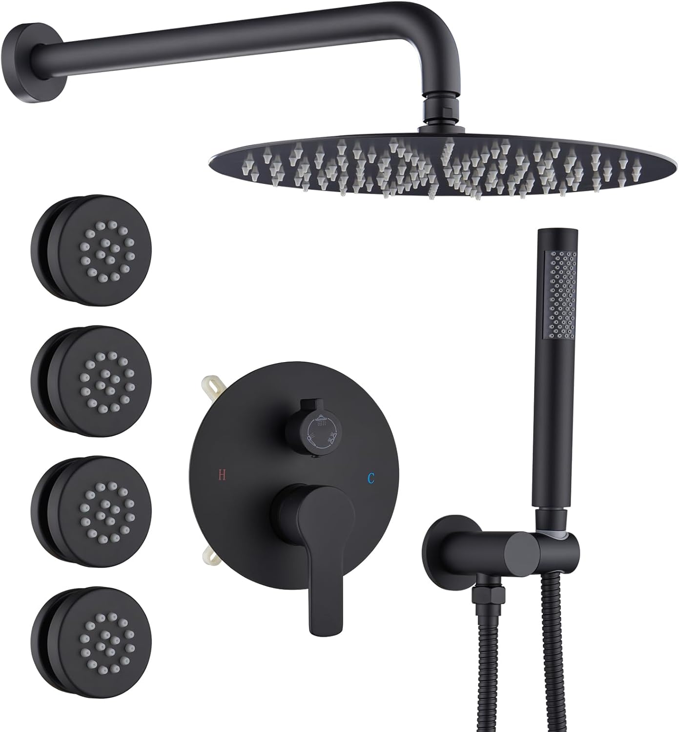 Iriber Mattle Black Round Rain Shower System with 4 PCS Body Jets 3 Function Shower Faucet Set Contain 12 Inch Shower Head and Handheld Wall Mounted Pressure Balance Shower Trim Kit (Valve Included)