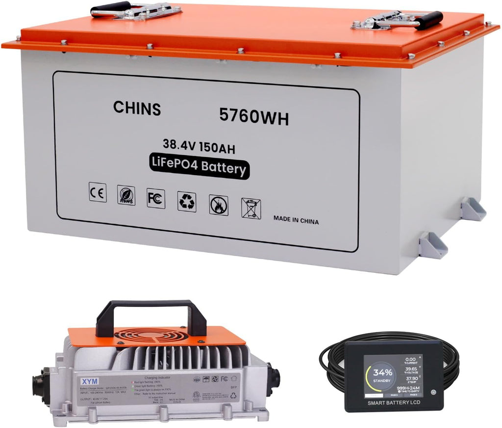 CHINS Smart 36V 150AH Bluetooth LiFePO4 Battery Lithium Battery Perfect for Golf Cart, Trolling Motor, Marine, Built-in 200A BMS, Includes 36V 25A Charger and Battery Monitor, Peak Current 1000A