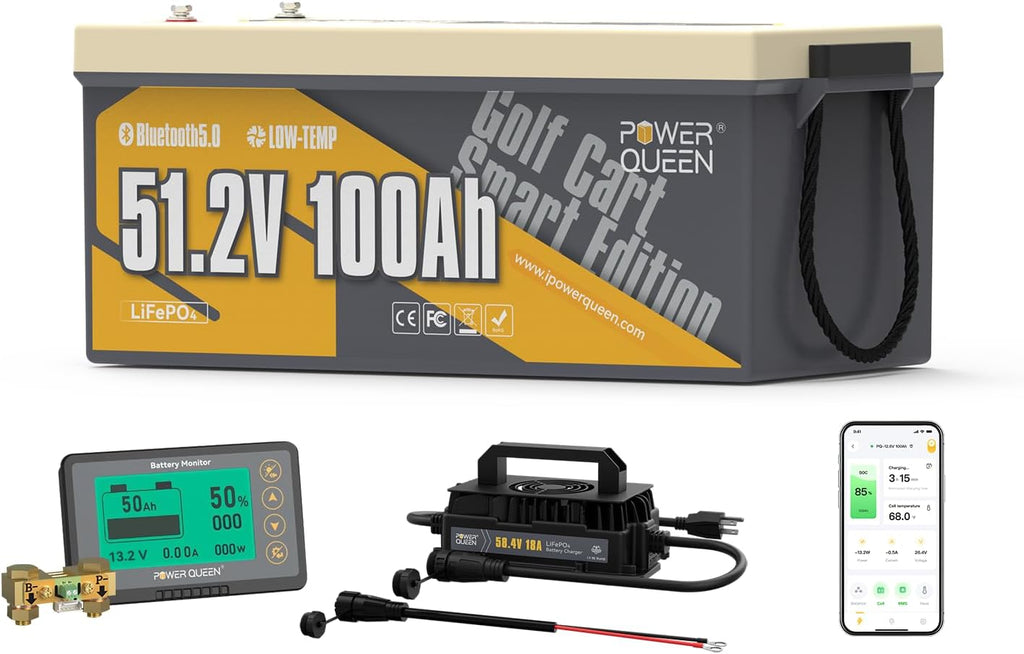 Power Queen 48V 100Ah Lithium Battery Kit with 18A IP65 Charger, Bluetooth with 200A BMS Protection & Low-Temp, LCD 500A Monitor, 5.12kWh with 10.24kW Output, 1000A Peak Current for Golf Cart