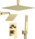 Shower Faucet Set, Brushed Gold Shower System with Rain Shower and Handheld Bathroom Ceiling 12 Inch Shower Set with Valve